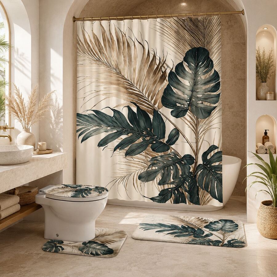 1/4pcs Tropical Monstera Palm Leaf Shower Curtain Set, Vintage Green & Gold Botanical Print Bathroom Curtain, Includes Toilet Lid Cover, Bathroom Mat, 4pcs Complete Home Bathtub Bathroom Decor Set - A - View 1