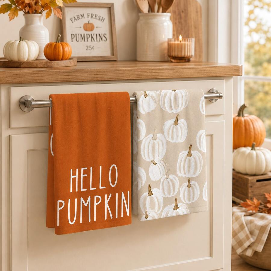2pcs Pumpkin Pattern Kitchen Towels, Soft Fabric Absorbent Hand Towels With Floral Design, Rustic Autumn Style, Suitable For Kitchen, Dining Room, Thanksgiving, Halloween, Autumn Party, Harvest Season, Home Decor, 4/6/8pcs Set - Multicolor - View 1