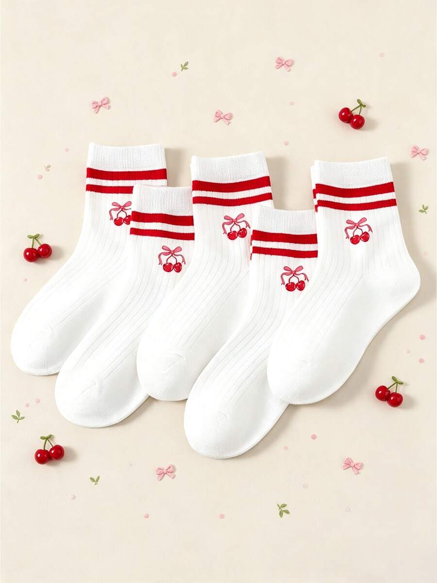 1/5/10 Pairs Red & White Striped Mid-Calf Socks, Pink Cherry Bow Print, Soft & Sweet, Suitable For Students And Daily Wear - Multicolor - View 1