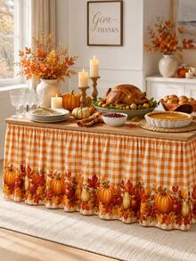 1pc-Thanksgiving Table Skirt, Fall Harvest Border Table Skirt With Pumpkin Apple Pear Maple Leaf Print, Orange Gingham Table Skirt For Dining Table, Buffet Table, Dessert Table, Autumn Party, Thanksgiving Home Kitchen Decoration - Multicolor - View 1