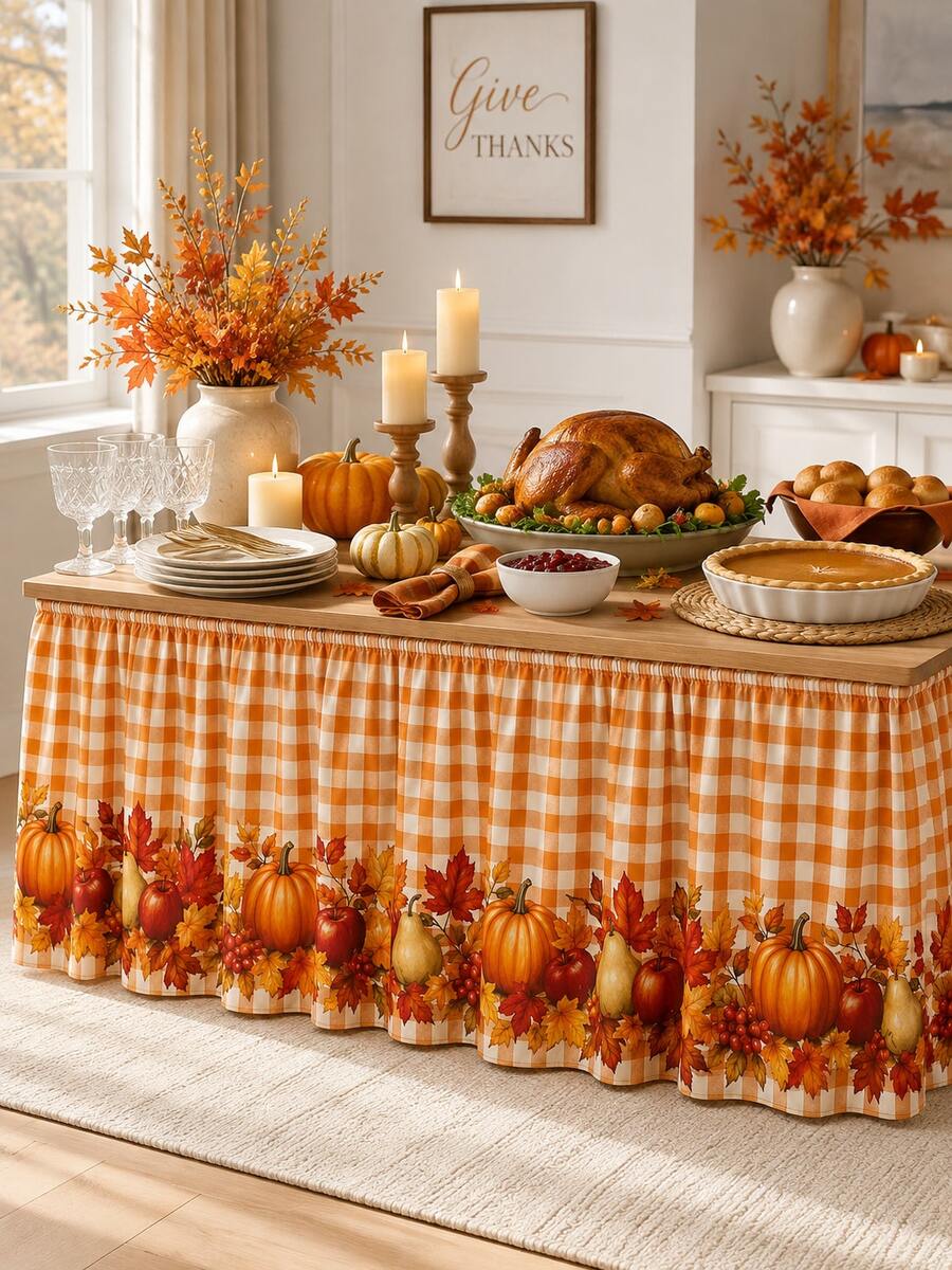1pc-Thanksgiving Table Skirt, Fall Harvest Border Table Skirt With Pumpkin Apple Pear Maple Leaf Print, Orange Gingham Table Skirt For Dining Table, Buffet Table, Dessert Table, Autumn Party, Thanksgiving Home Kitchen Decoration - Multicolor - View 1
