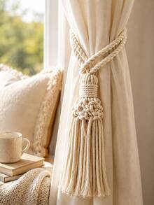 1pc Beige Tassel Curtain Tieback, Braided Knot Long Fringe Boho Curtain Holder Minimalist Drapery Holdback Easy Wrap Window Accent For Bedroom Living Room Office Apartment Coastal Farmhouse Modern Home Decor All Season Elegant Housewarming Gift - Style a - View 3