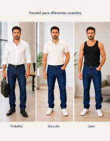 Calça jeans masculina de corte reto com bolsos, fechamento frontal longo com botões (sem elastano). - Lavagem escura - Visão 3