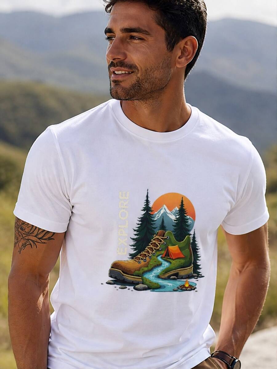 Camiseta de manga corta para hombre con estampado gráfico, cuello redondo, top casual perfecto para salidas, adecuada para el uso diario en otoño, entrega local. - Blanco - Ver 1
