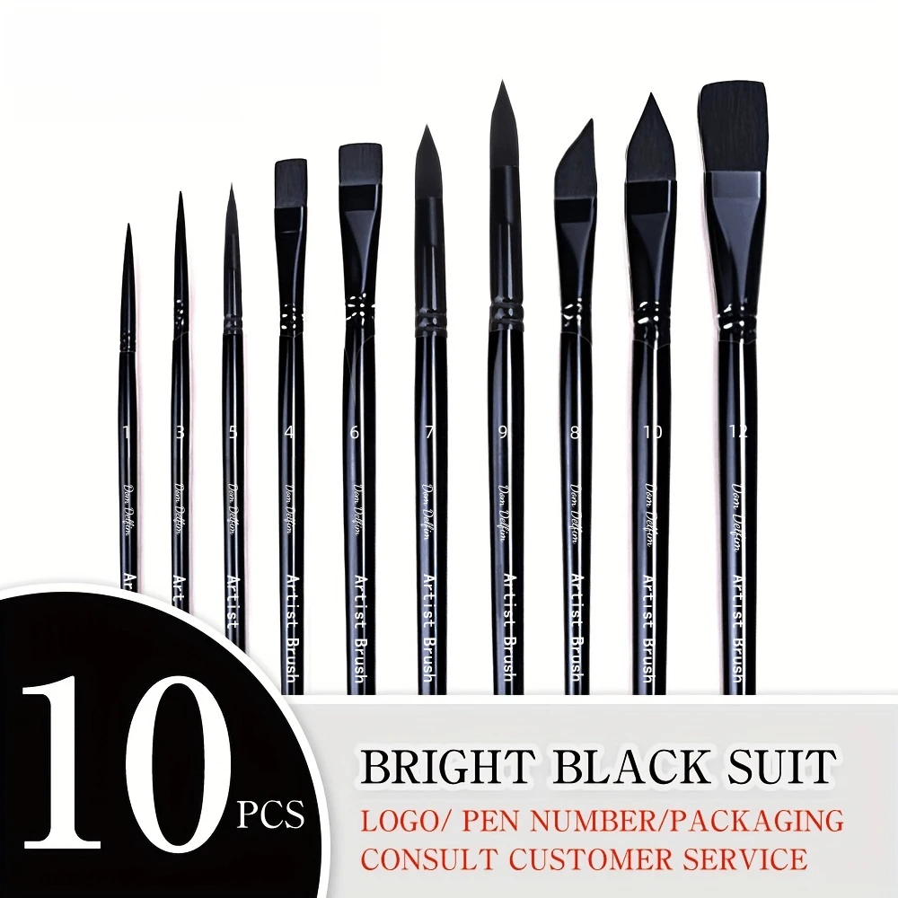 Dom Delfim Professional 10-Piece Brush Set: 5 Brush Head Types (Pointed, Flat, Cat Tongue, Round) Suitable For Watercolor, Acrylic, Oil And Gouache - Black - Black Set - View 1