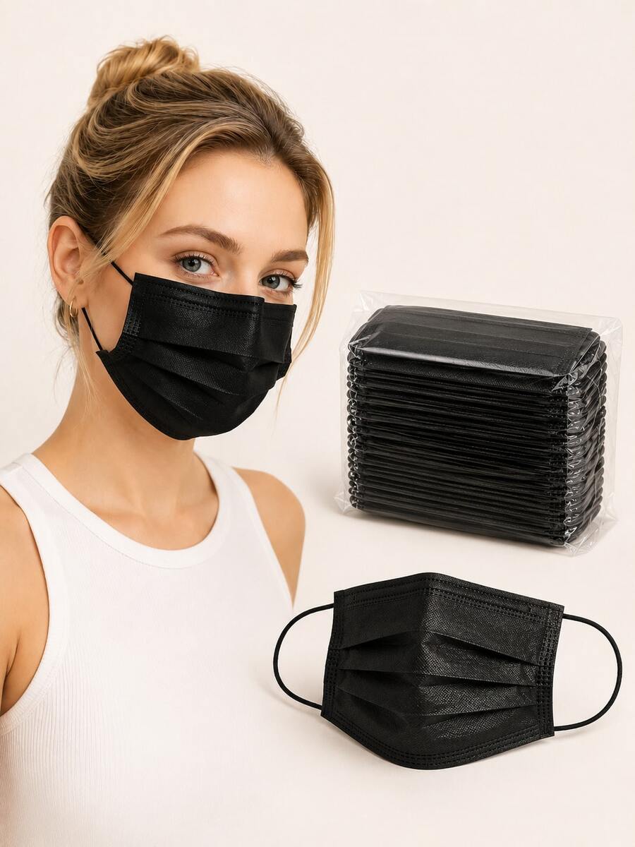 200PCS Black Disposable Face Masks For Adults, 3-Layer Pleated Nonwoven Masks With Soft Ear Loops For Travel, Work, School & Daily Use