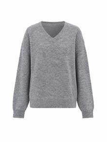 Women's Grey V-Neck Knitted Sweater With Drop Shoulder Long Sleeves Rib-Knit Regular Hem Pullover For Fall & Winter - Grey - View 5