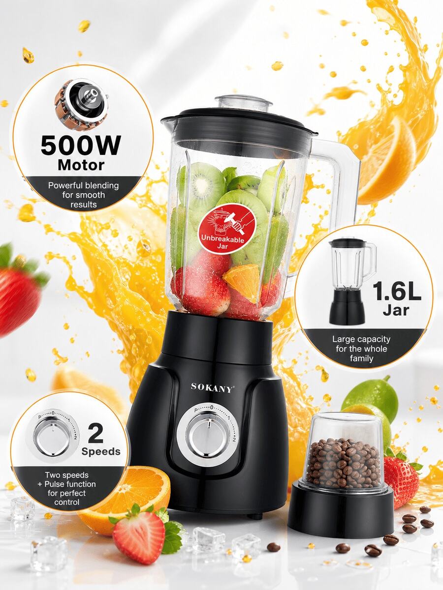 SOKANY-185 2-In-1 Multifunction Blender Juicer, 1.6L Large Capacity Blender With Grinding Cup, 2-Speed Pulse Function, Suitable For Milkshakes, Baby Food, Juice, Coffee Beans - White - View 1