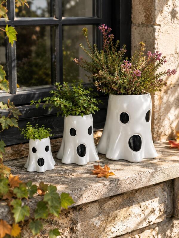 Ghost Shape Planter Pot, White Resin Plant Pot With Hollow Face Design, Halloween Decor Flower Pot For Indoor Outdoor Patio Window Sill Garden Balcony Home Decoration, Succulent Herb Plant Container