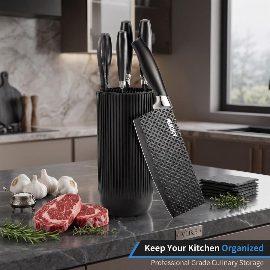 Knife Block, Universal Knife Rack, Countertop Cutting Board Knife Stand, Cylindrical Design And A Removable Bamboo Lid With Multiple Slots, Stylish, Modern Kitchen Accessory Suitable For Chef's Knives, Scissors, Peelers, And Knives Of Various Sizes - Black - View 1