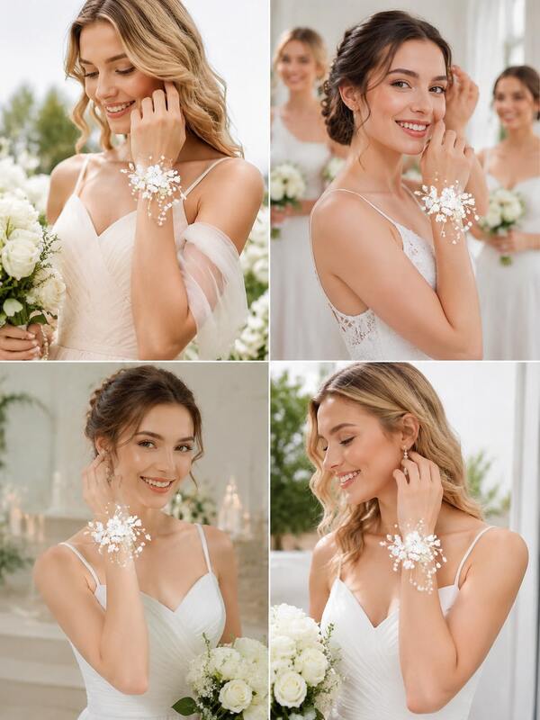 1pc Faux Pearl Wrist Corsage Bracelet White Resin Flower Bridal Hand Flower Wedding Prom Evening Party Costume Accessories Props