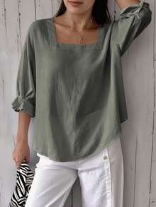 Women's Plus Size Short Sleeve Solid Color Square Neck Drop Shoulder Lotus Ruffle Cuff Summer Blouse - Grey - View 3