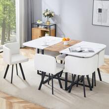 The Dining Set Includes A Table And Chairs – With A White Tabletop And Black Metal Frame, Ideal For The Kitchen, Living Room, And Other Areas, Providing Seating For 4 To 6 People. - 黑色,原木色,白色 - 查看 4