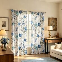2pcs Refreshing Watercolor Floral Curtains, White Background With Blue Flower Patterns, Rod Pocket Design, Provides Privacy And Easy Installation, Ideal For Home Windows - Multicolor - View 11