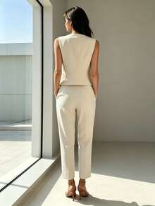 Women's Elegant Commuter Vest & Long Pants 2 Pieces Set, Solid Color, Pocket, Front Button, Office - Apricot - View 5