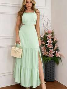Women's Long Cut-Out Side Slit Fitted Elegant Summer Party Sophisticated Premium Fashion Dress - Mint Green - View 1