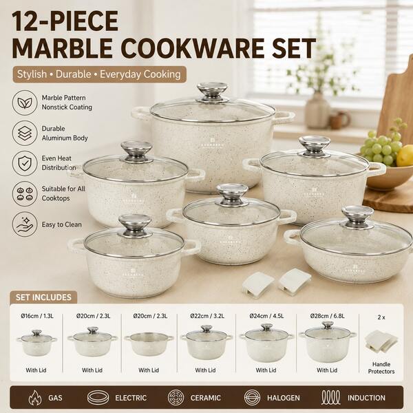 12-Piece Marble Pattern Aluminum Cookware Set With Glass Lids, Cream White Cooking Pot Set, Cream White