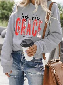 Women's Christian Faith Sweatshirt, Romans 3:24 Bible Verse Red Letter Print Crew Neck Pullover, Loose Cozy Casual Top For Church Autumn Winter - 淺灰色 - 查看 1
