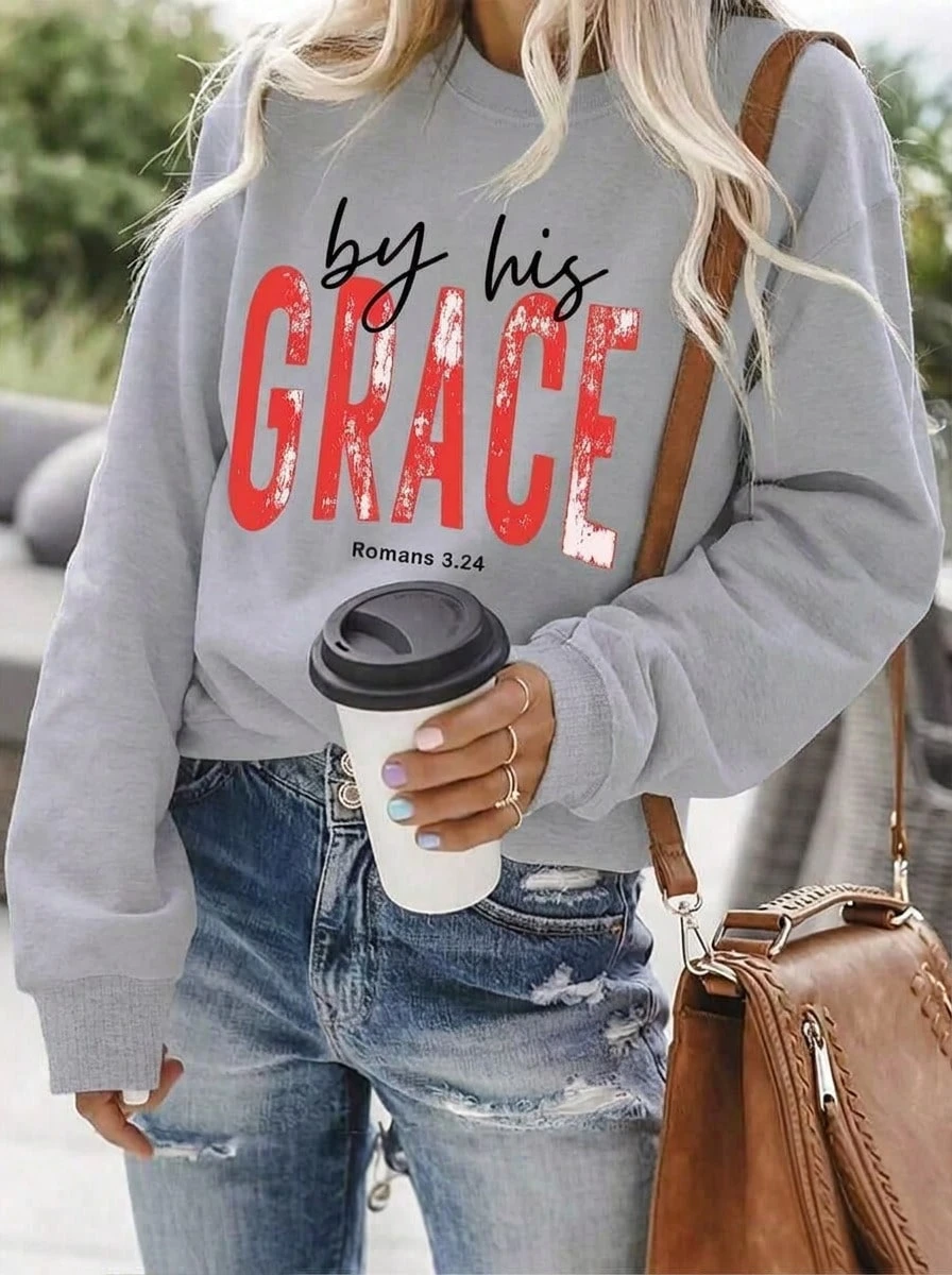 Women's Christian Faith Sweatshirt, Romans 3:24 Bible Verse Red Letter Print Crew Neck Pullover, Loose Cozy Casual Top For Church Autumn Winter - 淺灰色 - 查看 1