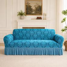1pc Vintage Woven Jacquard Pattern Skirted Full Coverage Elastic Sofa Cover, Dust-Proof And Stain-Resistant, Stretchable One-Piece Full Coverage Sofa Protector, Living Room Home Decor, Machine Washable - Blue - View 1