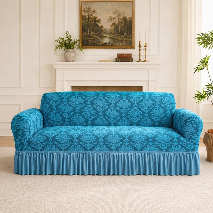 1pc Vintage Woven Jacquard Pattern Skirted Full Coverage Elastic Sofa Cover, Dust-Proof And Stain-Resistant, Stretchable One-Piece Full Coverage Sofa Protector, Living Room Home Decor, Machine Washable - Blue - View 1