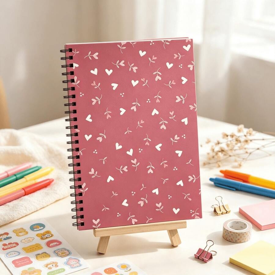 1pc Spiral Bound Notebook, Cute Heart & Leaf Floral Pattern Journal, Hardcover Writing Notepad For Women Girls, Daily Note‑Taking Work Organizer, Back‑To‑School, Christmas, Valentine's Day Birthday Gift - A - View 1