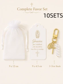1 Set/10 Sets/20 Sets Spanish Baby Baptism Favor Set, White Gauze Gift Bag + Gold Virgin Mary Cross Keychain + Gracias Thank You Card, Baptism Baby Party Decoration, Church Baptism Memorial Gift, Guest Favor, Religious Blessing Small Gift, Suitable For Boy/Girl Baptism Banquet, Mexican Family Gathering, US Latino Baby Shower, Catholic Sacrament Celebration Table Decor And Bulk Distribution - Multicolor - View 8