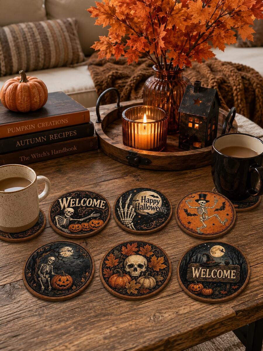 6pcs Halloween Wooden Coasters, 10cm Round Vintage Skull Pumpkin Bat Print Drink Coasters, Gothic Style Halloween Tabletop Decor, Suitable For Parties, Bars, Kitchens And Home - Multicolor - View 1