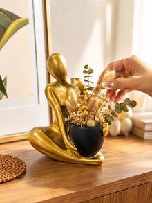 1件金色跪姿抽象雕塑風花瓶裝飾品，結合北歐奢華公寓露台裝飾風格與極簡藝術美學；波希米亞中性家居裝飾，適用於客廳、戶外露台、陽台、玄關桌及現代家居裝飾 - A - 查看 6