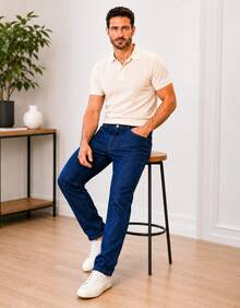 Calça jeans masculina de corte reto com bolsos, fechamento frontal longo com botões (sem elastano). - Lavagem escura - Visão 2