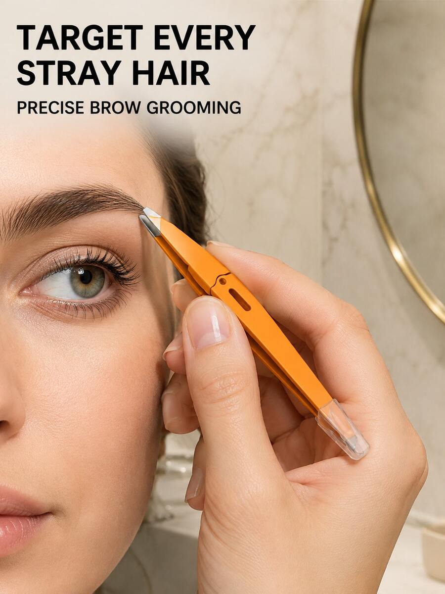 Precision Slanted Eyebrow Tweezers, Spring-Loaded Folding Hair Removal Tool With Silicone Protective Cap, Stainless Steel Eyebrow Trimmer, Facial Hair Plucker, False Eyelash Applicator, Double Eyelid Tape Clip, Travel Beauty Tool