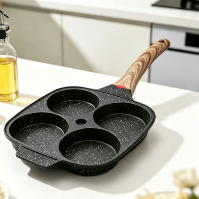 Multifunctional 4-Cavity Pancake Pan With Lid, Nonstick-Coated Aluminum Body, Suitable For Induction Cooktops And Gas Stoves, Total Length (Pan + Handle): 38 Cm