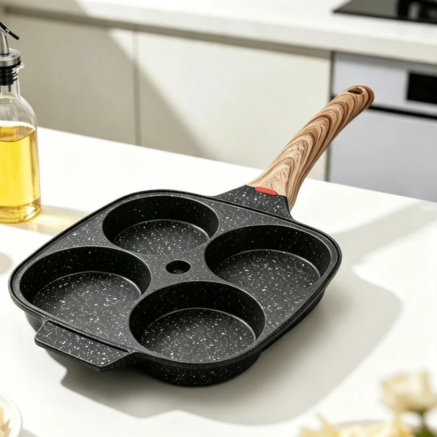 Multifunctional 4-Cavity Pancake Pan With Lid, Nonstick-Coated Aluminum Body, Suitable For Induction Cooktops And Gas Stoves, Total Length (Pan + Handle): 38 Cm - View 1