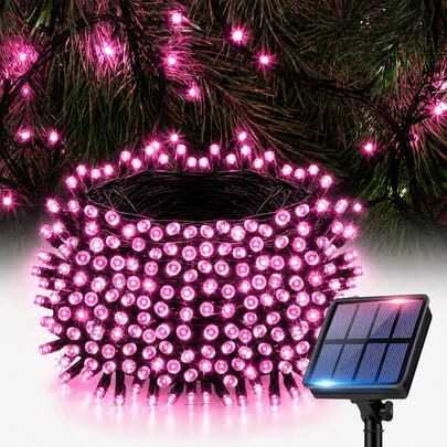 Lampu Hias Tenaga Surya Luar Ruangan LED Merah Muda, Lampu Peri, Lampu Natal Luar Ruangan 20/50/100/200 LED 8 Mode Berkedip Lampu Taman Teras Otomatis Menyala di Malam Hari untuk Pohon Halaman Balkon Pesta Pernikahan Dekorasi Liburan Natal