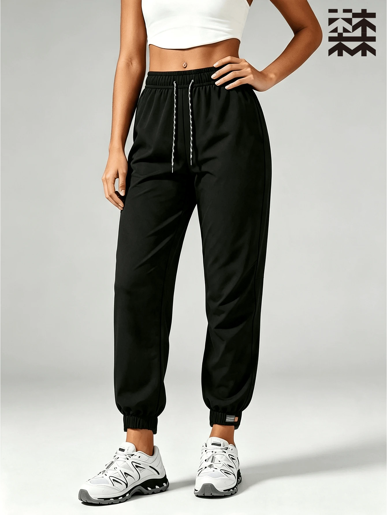 mulinsen Casual Women's Jogger Sweatpants, Drawstring Elastic Waist, Woven Label Decoration, Cuffed Hem, Lightweight Soft Fabric, Daily Commute, - Black - View 1