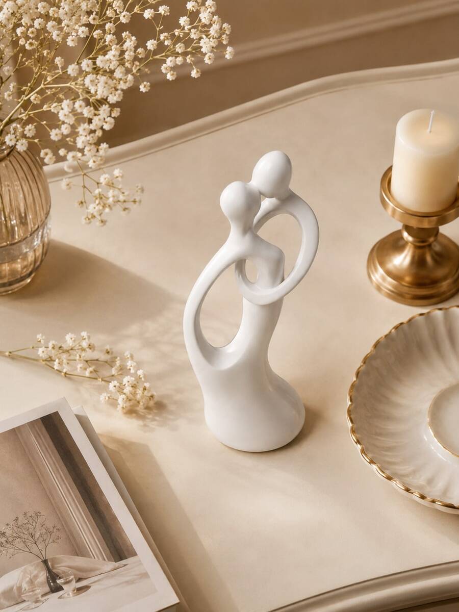 1pc White Abstract Couple Resin Sculpture, Modern Romantic Home Decor - Kissing Couple Sculpture - View 1