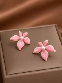 1 Set Sweet Pink Enamel Flower Pearl Pendant Necklace & Earrings Jewelry Set, Personalized Fashion Women's Jewelry, Suitable For Daily Wear, Party And Holiday Gift - Flower - View 5