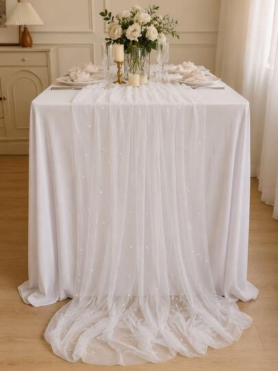 1 Peça Caminho de Mesa de Renda Pérola Branca Premium 80*300cm/80*200cm/80*100cm, Decoração de Chiffon Bordada Requintada e Resistente a Rugas, Adequado para Arco de Casamento, Chá de Panela, Mesa de Sobremesa e Banquete Formal, Toalha de Mesa Transparente Bonita, Decoração de Festa