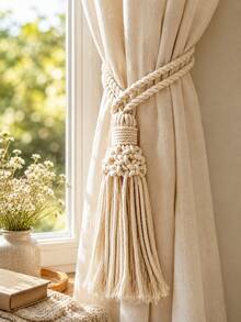 1pc Beige Tassel Curtain Tieback, Braided Knot Long Fringe Boho Curtain Holder Minimalist Drapery Holdback Easy Wrap Window Accent For Bedroom Living Room Office Apartment Coastal Farmhouse Modern Home Decor All Season Elegant Housewarming Gift - Style a - View 2