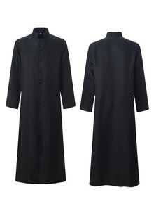 Black Long Robe, Vintage Stand Collar Single-Breasted Long Shirt, Loose Breathable Daily Robe, Arabic Middle Eastern Style Holiday Outfit, Minimalist Flattering, Festival Performance Costume, Stage Show Outfit, Casual Long Robe - Black - View 5