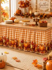 1pc-Thanksgiving Table Skirt, Fall Harvest Border Table Skirt With Pumpkin Apple Pear Maple Leaf Print, Orange Gingham Table Skirt For Dining Table, Buffet Table, Dessert Table, Autumn Party, Thanksgiving Home Kitchen Decoration - Multicolor - View 4