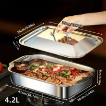 SOKANY 1pc Square Stainless Steel Baking Pan With Lid, Rectangular Baking Pan, Non-Stick Thickened, Dual Handles, Perfect For Grilling, Roasting Fish, Buffet, Essential Tool For Home Cooking, Hotel Restaurant And Food Stall - Other - View 13