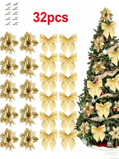 1set Gold Christmas Tree Decorations,Artificial Christmas Flowers With Clips,Christmas Bow,For Table Decorations,Room,Wall,Fall,Autumn,Bathroom,Living Room,Home,Office,Bedroom Decor,Fake Flowers,Wedding,Garden Decor Outdoor,Christmas Home Decor
