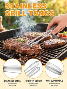 1pc Stainless Steel Food Tongs, Steak BBQ Food Gripper, Cake Dessert Tongs, Suitable For Cooking, Serving, Grilling, Salad, Essential Kitchen Tool For Home - Silver - View 3