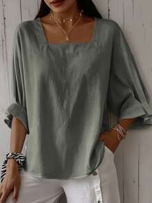 Women's Plus Size Short Sleeve Solid Color Square Neck Drop Shoulder Lotus Ruffle Cuff Summer Blouse - Grey - View 5