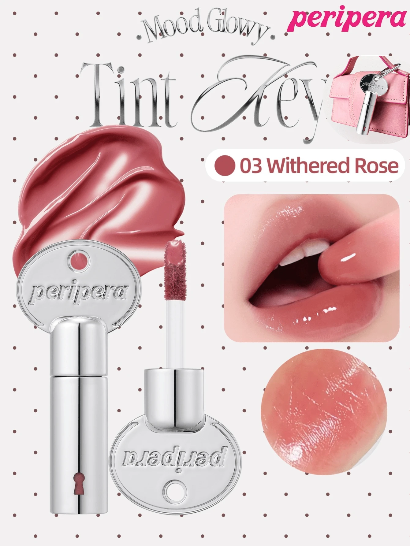 Peripera 2.4 G MOOD GLOWY TINT KEY 化妝品吊飾液體唇釉棒，豐盈果凍光澤透亮亮澤，不乾澀長效持色唇蜜鑰匙圈，可穿戴美妝配件，可用作包包掛飾，K-Beauty