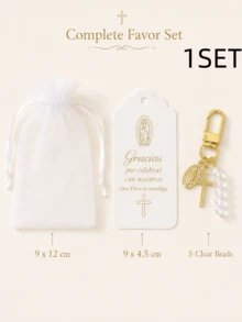 1 Set/10 Sets/20 Sets Spanish Baby Baptism Favor Set, White Gauze Gift Bag + Gold Virgin Mary Cross Keychain + Gracias Thank You Card, Baptism Baby Party Decoration, Church Baptism Memorial Gift, Guest Favor, Religious Blessing Small Gift, Suitable For Boy/Girl Baptism Banquet, Mexican Family Gathering, US Latino Baby Shower, Catholic Sacrament Celebration Table Decor And Bulk Distribution - Multicolor - View 10
