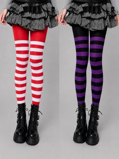 2/1 Pair Women's Striped Halloween Leggings, Red & White And Purple & Black Elastic Tights, Suitable For Party Costume Styling
