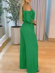 Women's Elegant Open Shoulder Drawstring Long Sleeve Jumpsuit, High Waist Fashion Party Casual Versatile Style - Green - View 6