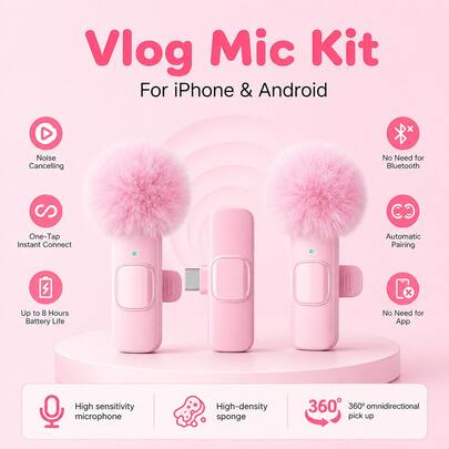 Wireless Mini Lavalier Microphone 2 Pack, Clip On Microphones Compatible With Smartphones, Noise Reduction, Stable Audio Recording, Portable Vlogging Tool For Live Streaming, Podcasts, Interviews And Short Video Creation